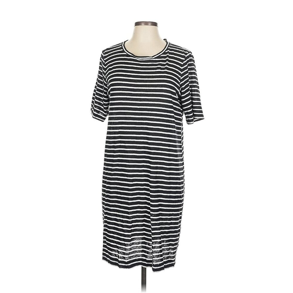 Eileen Fisher Organic Linen T-Shirt Dress • Black White Stripe • Sz L • EUC